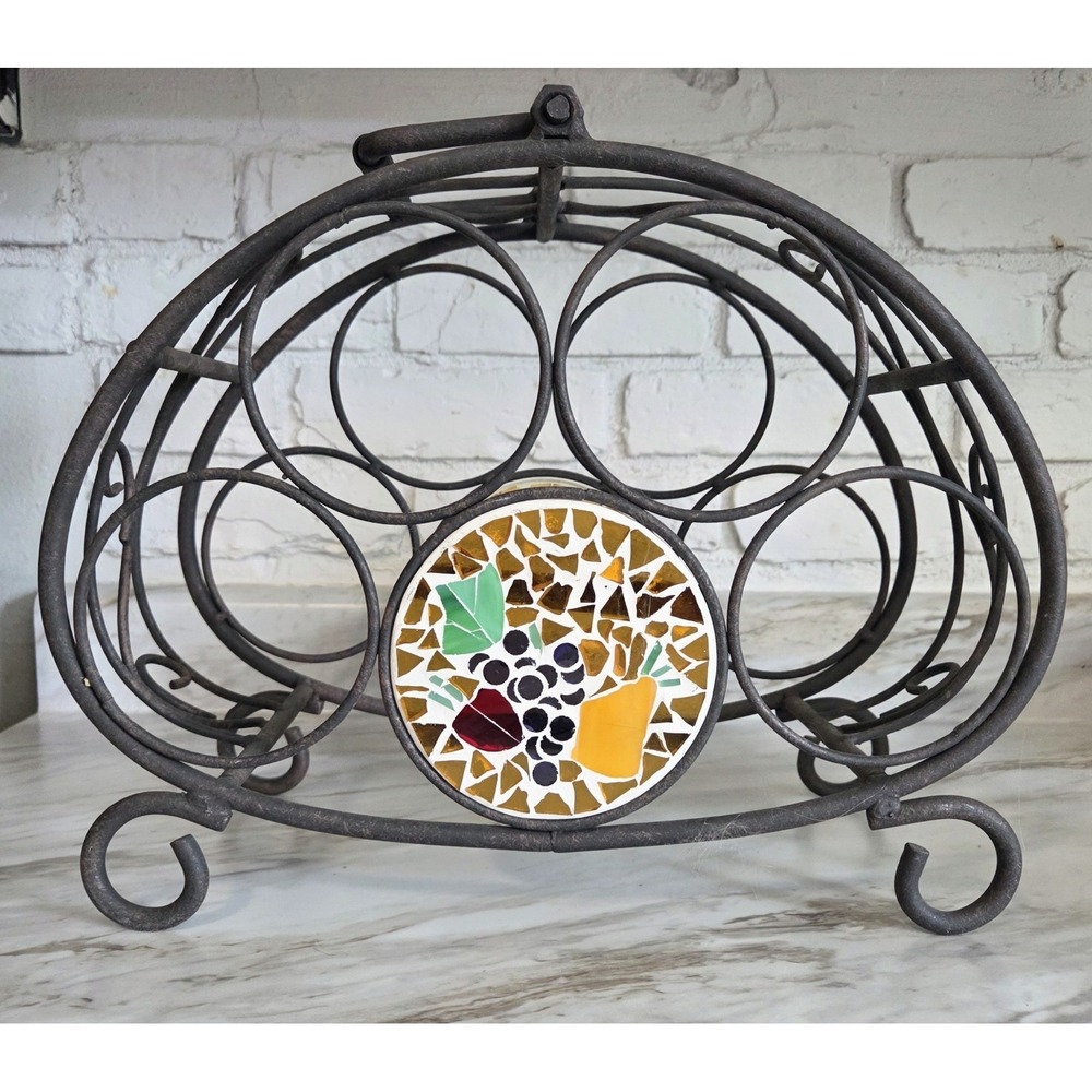 Pier One‎ 1 Mosaic Ceramic Tile Double Sided Black Wrought Iron Wine Bottle Rack